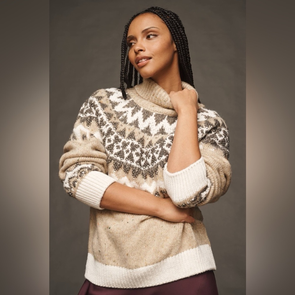 Pilcro for Anthropologie Ribbed Turtleneck Sweater, Chunky Fair Isle Knit, 1X